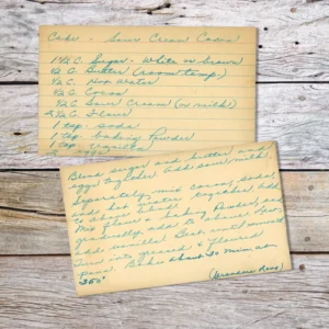 Handwritten recipe card for Sour Cream Cocoa Cake