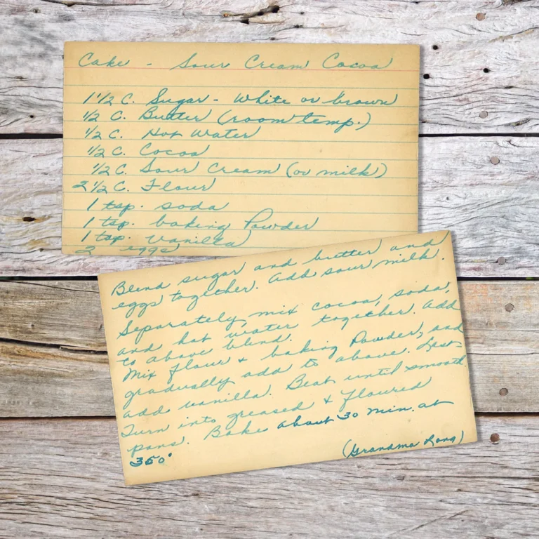 Handwritten recipe card for Sour Cream Cocoa Cake