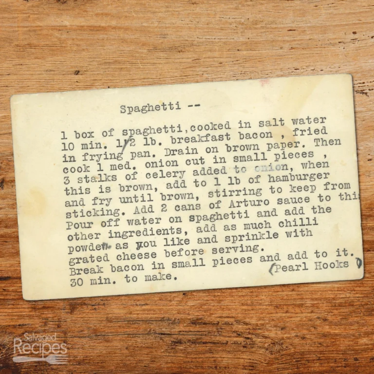 Typed recipe card for Spaghetti from Pearl Hooks