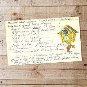 Handwritten recipe card for Spice Cake with Fruit Cocktail from Terry Hayes