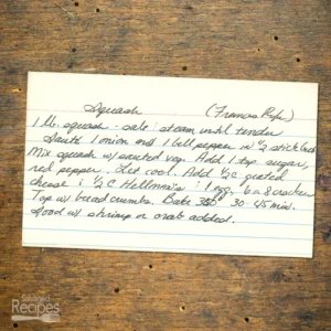 Handwritten recipe card for Squash from Frances
