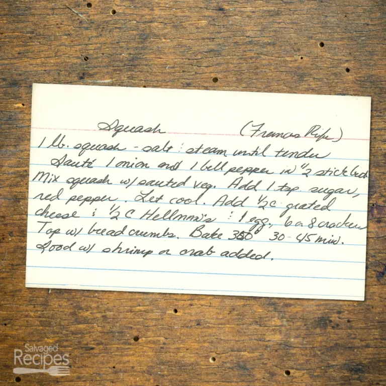 Handwritten recipe card for Squash from Frances