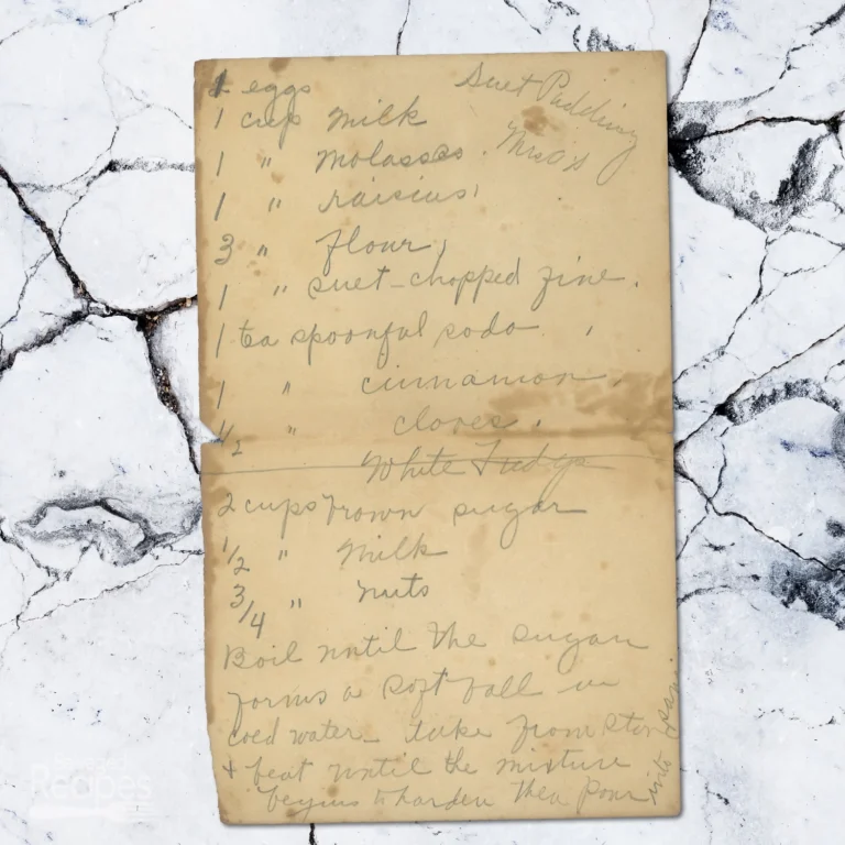 Handwritten recipe for Suet Pudding