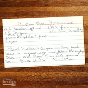 Handwritten recipe card for Super Chocolate Brownies