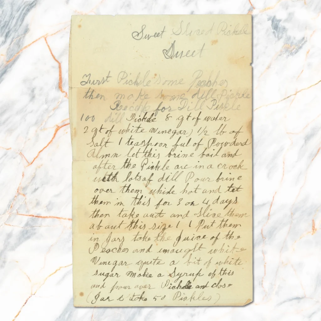 Handwritten recipe for Sweet Slice Pickle Dessert