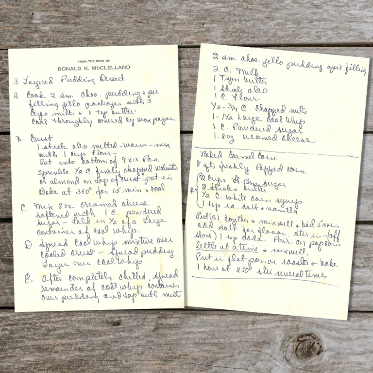 Handwritten recipe for Three Layered Pudding Dessert