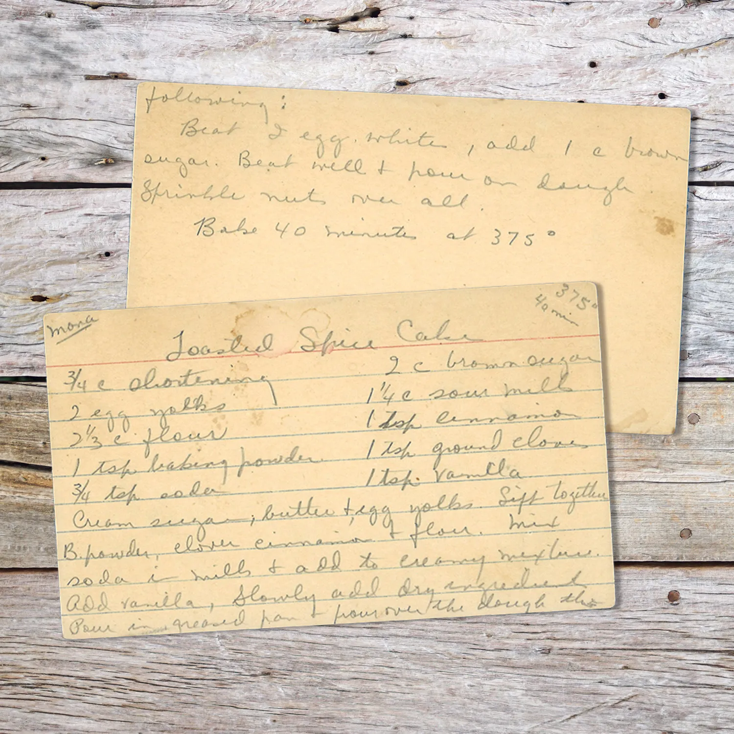 Handwritten recipe card for Toasted Spice Cake