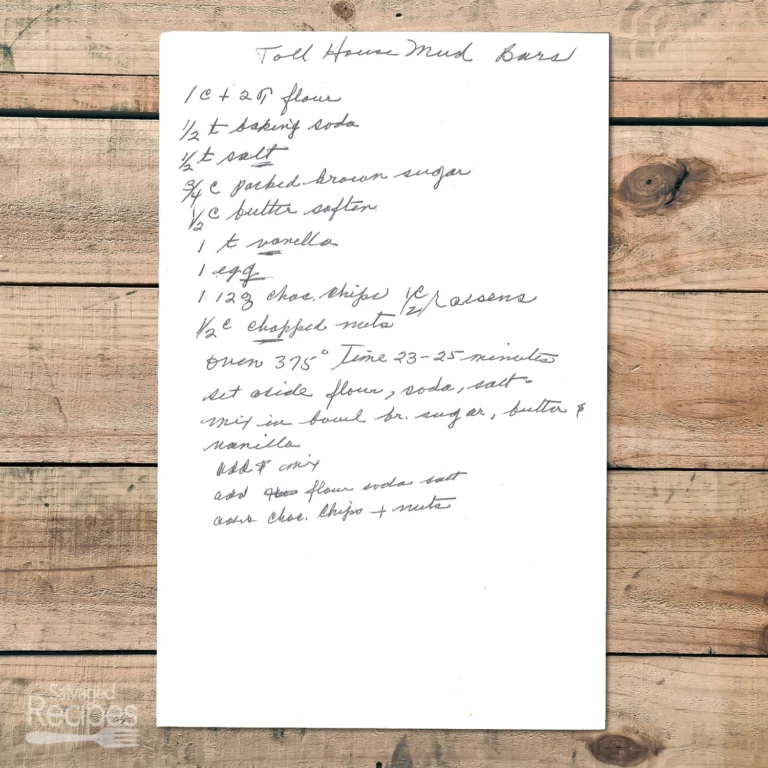 Handwritten recipe for Toll House Mud Bars