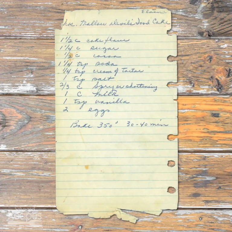 Handwritten recipe for Chocolate Mallow Devil’s Food Cake