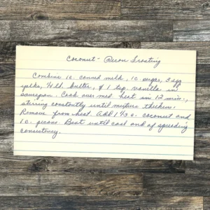 Handwritten recipe card for Coconut Pecan Frosting