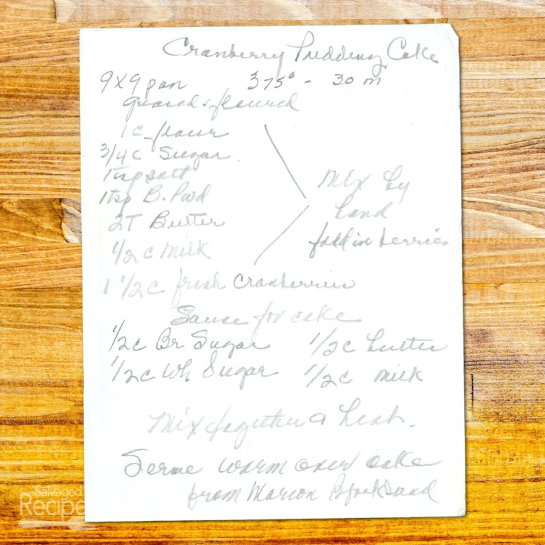 Handwritten recipe for Cranberry Pudding Cake