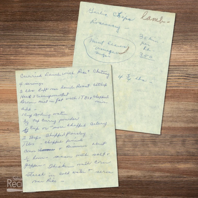 Handwritten recipe for Curried Lamb with Chutney