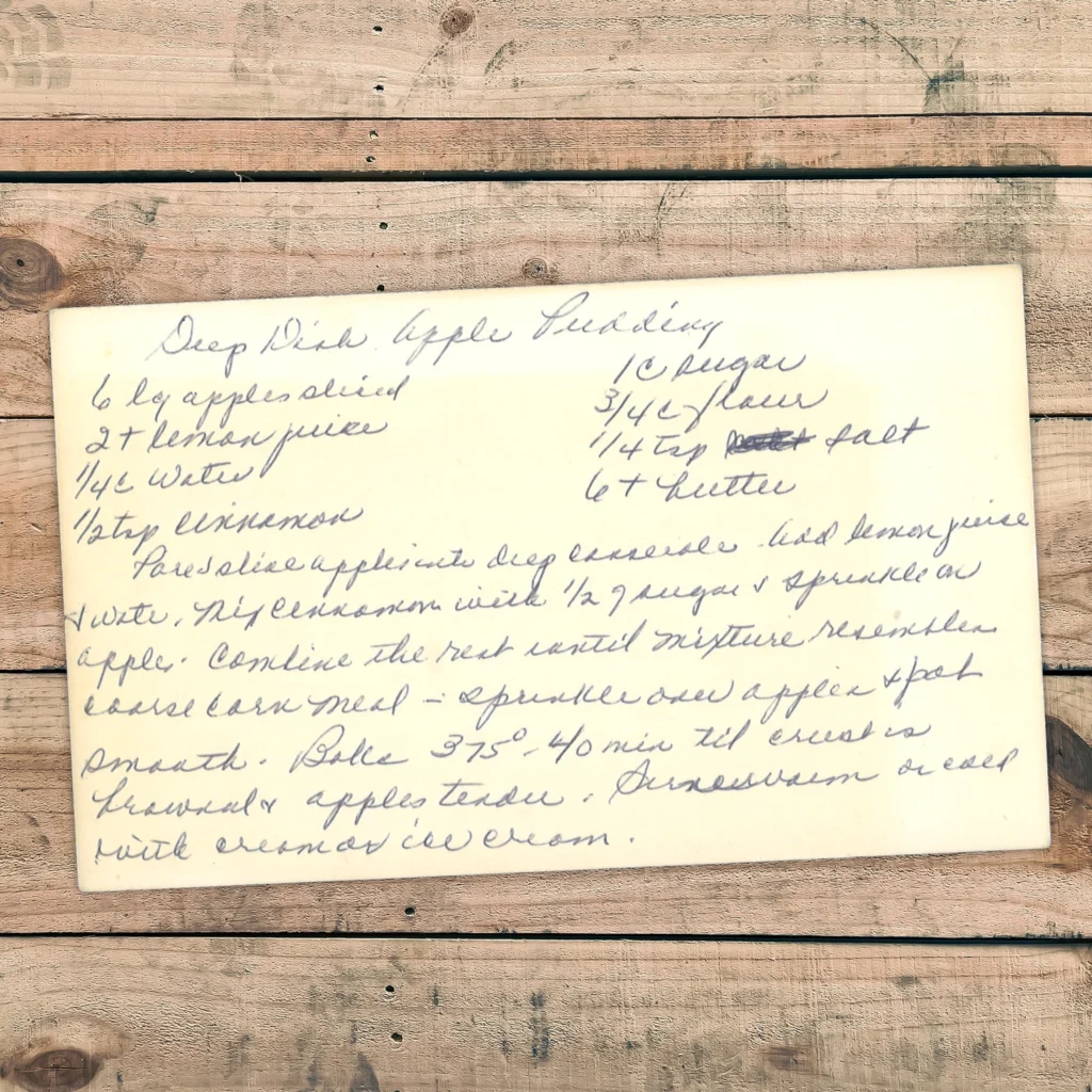 Handwritten recipe card for Deep Dish Apple Pudding