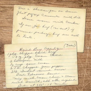 Original recipe card for baked dried beef and cream cheese appetizer