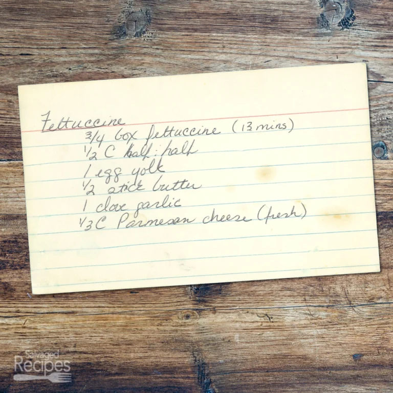 Handwritten recipe card for Fettuccine