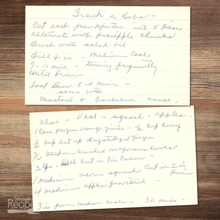 Handwritten recipe card for Frank A Bobs