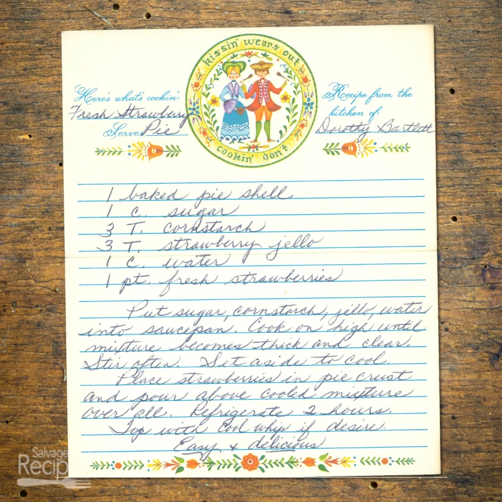 Handwritten recipe card for Fresh Strawberry Pie from Dorothy Bartlett