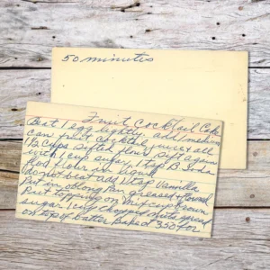 Handwritten recipe card for Fruit Cocktail Cake