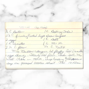 Handwritten recipe card for M&M Cookies