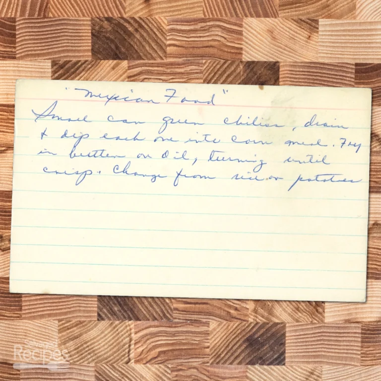 Handwritten card recipe for Green Fried Chillies