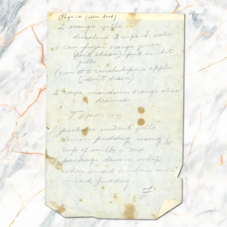 Handwritten recipe for Orange Pineapple Jello