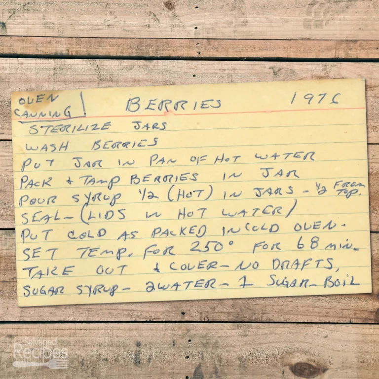Handwritten recipe card for Oven Canning Berries