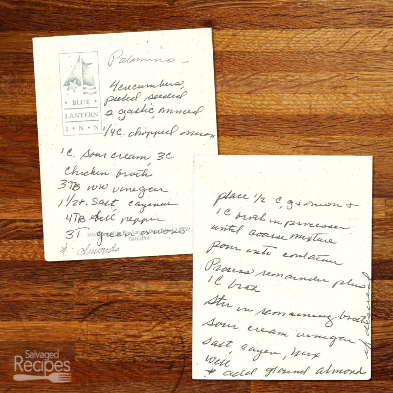 Handwritten recipe for Palamino Cucumber Soup