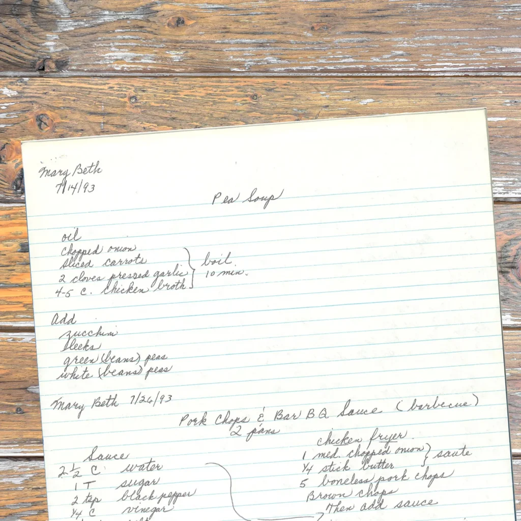Handwritten recipe for Pea soup