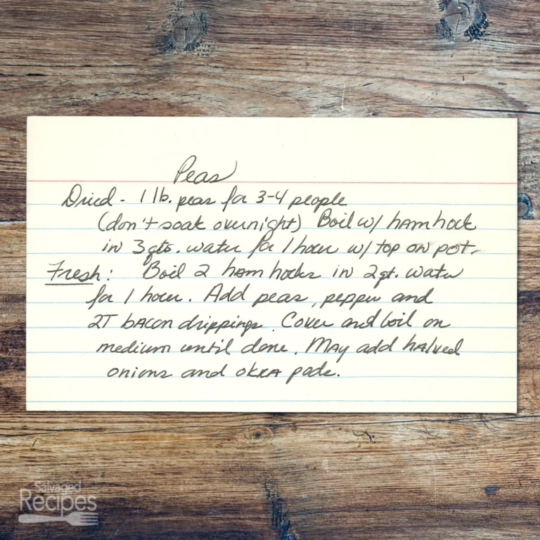 Handwritten recipe card for peas