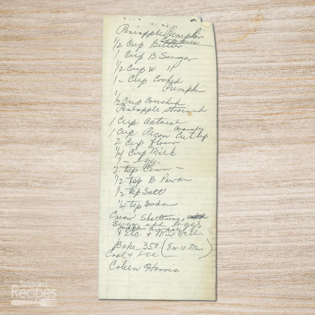 Handwritten recipe for Pineapple Pumpkin Cookies