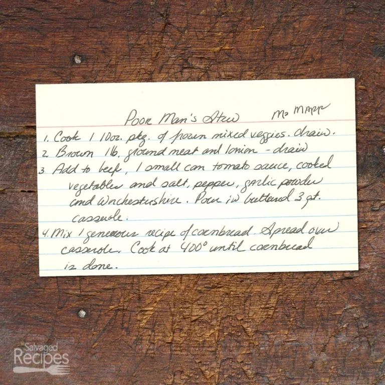 Handwritten recipe card for Poor Man's Stew