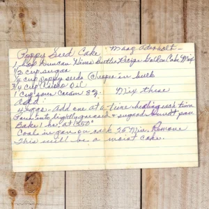 Handwritten recipe card for Poppy Seed Cake from Mary Aderholt