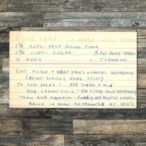 Handwritten recipe card for Pound Cake Made with Cream