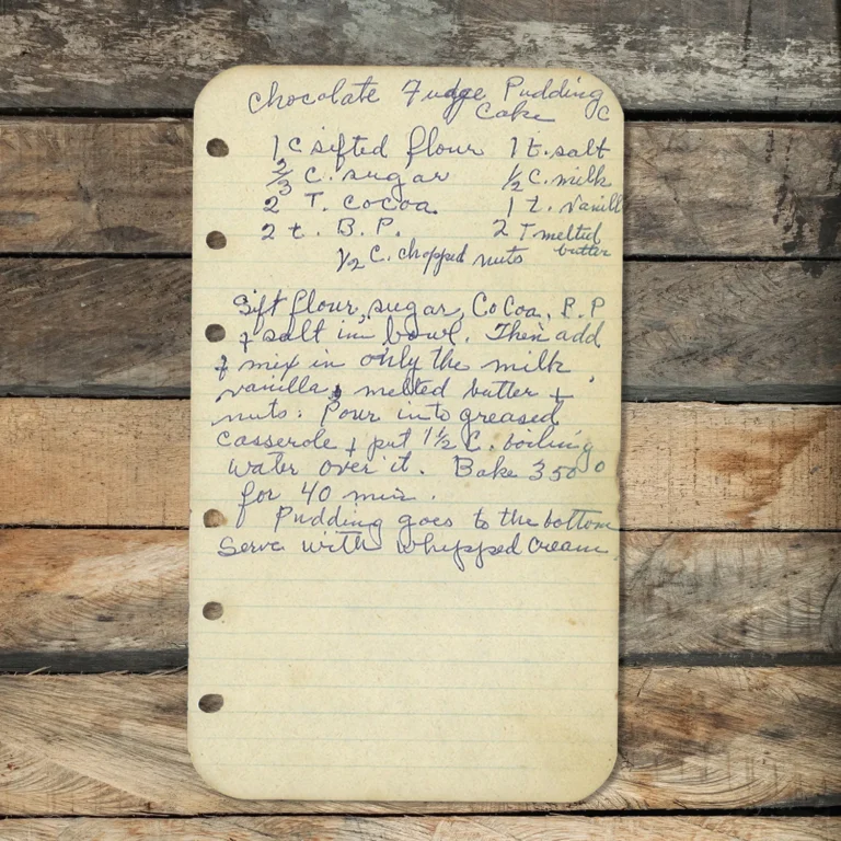 Handwritten recipe for Chocolate Fudge Pudding Cake