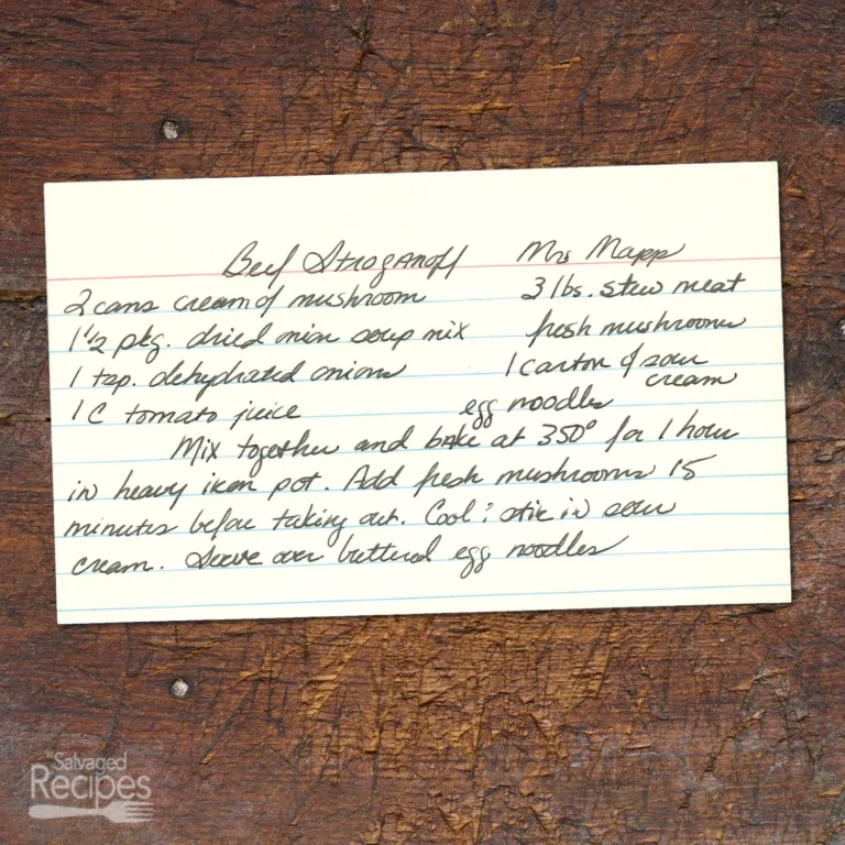 Handwritten recipe card for Beef Stroganoff from Mrs Mapp