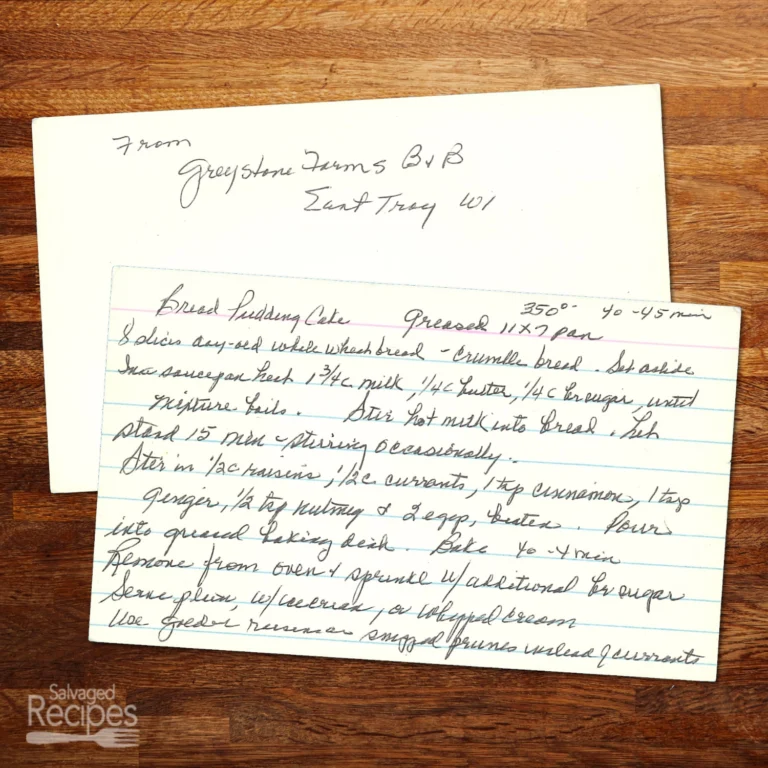 Handwritten recipe card for Bread Pudding Cake