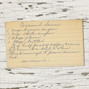 Handwritten recipe card for Caramel Sauce