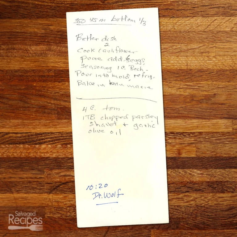 Handwritten recipe for Cauliflower Béchamel Mold
