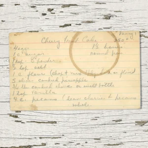 Handwritten recipe card for Cherry Fruit Cake from Vany