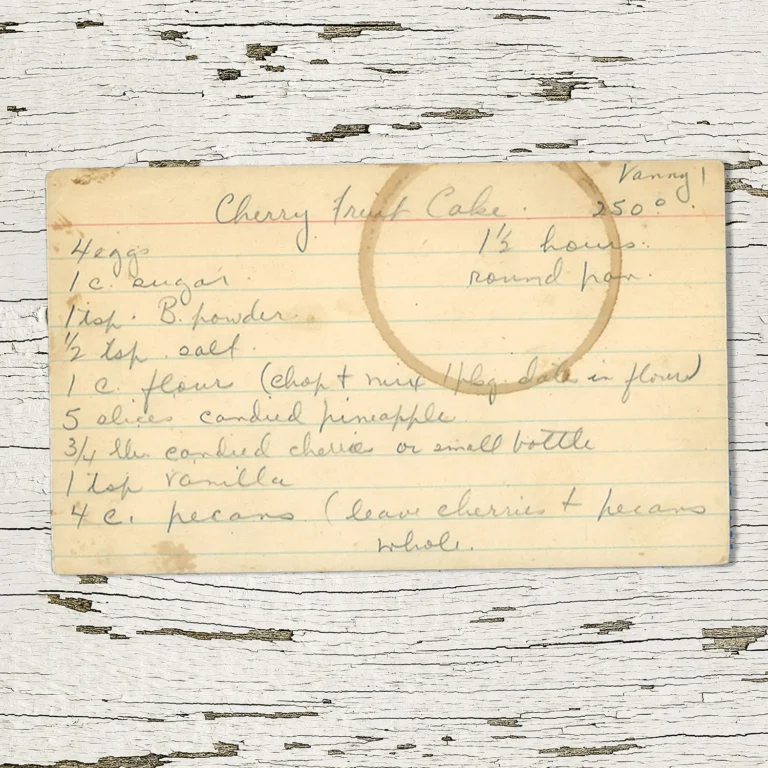 Handwritten recipe card for Cherry Fruit Cake from Vany