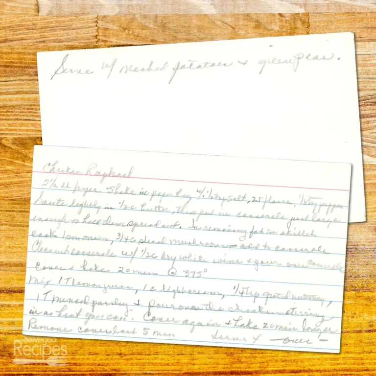 Handwritten recipe card for Chicken Raphael