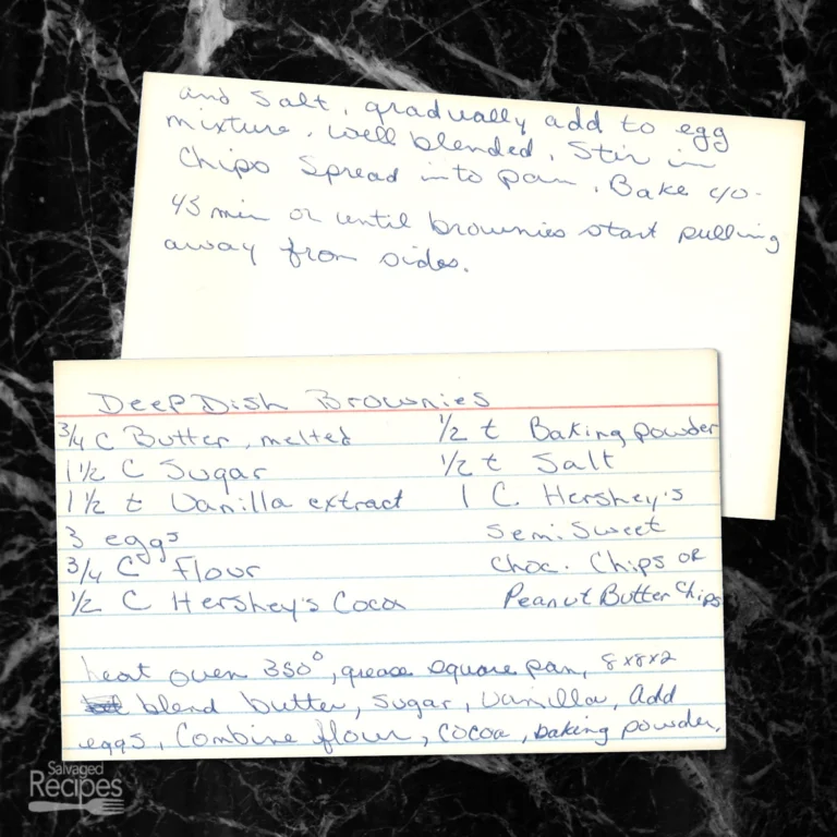 Handwritten recipe card for Deep Dish Brownies