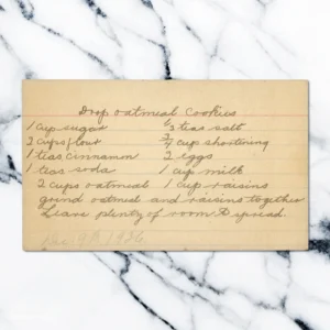 Handwritten recipe card for Drop Oatmeal Cookies