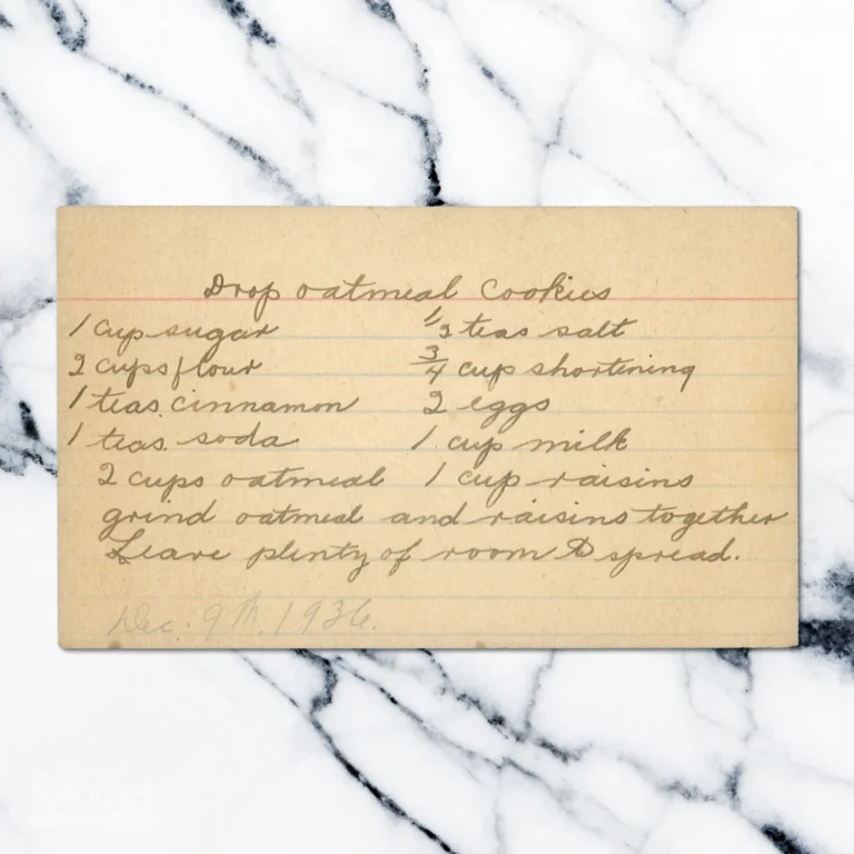 Handwritten recipe card for Drop Oatmeal Cookies