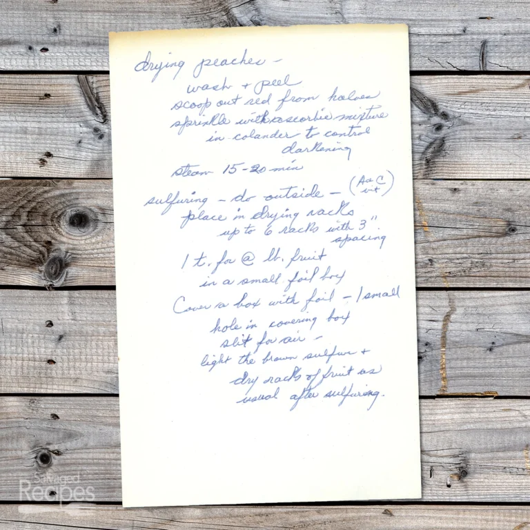 Handwritten recipe for Drying Peaches