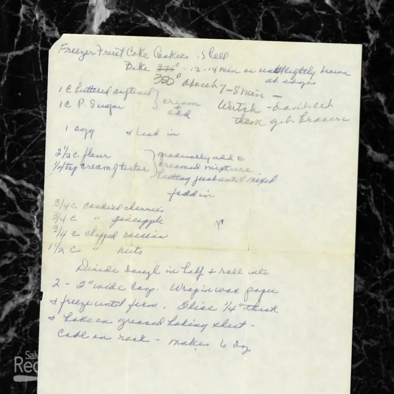 Handwritten recipe for Freezer Fruit Cake Cookies