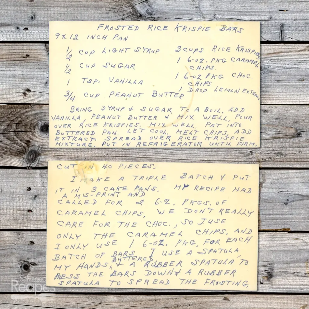 Handwritten recipe card for Frosted Rice Krispie Bars