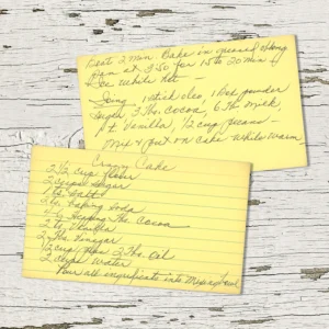 Handwritten recipe card for Crazy Cake