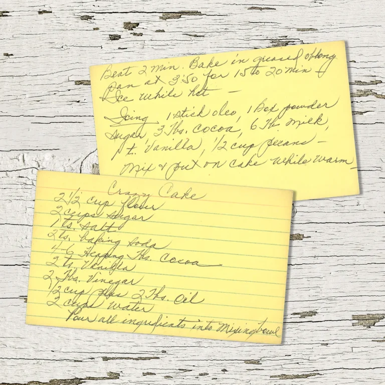 Handwritten recipe card for Crazy Cake
