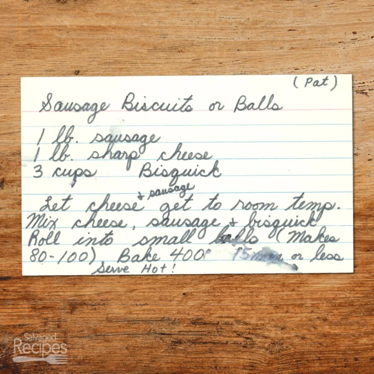 Handwritten recipe card for Sausage Balls or Biscuits